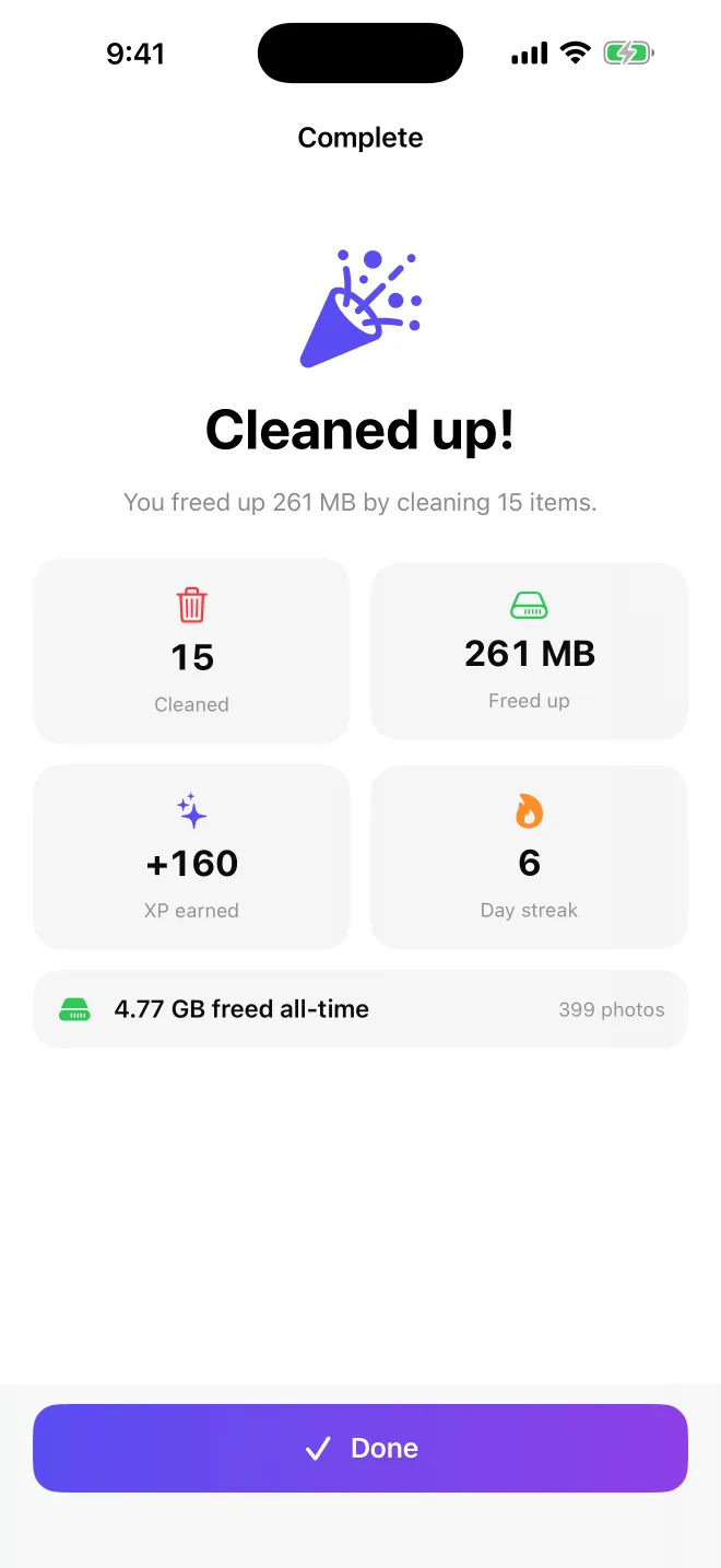 Session complete summary with XP and streak