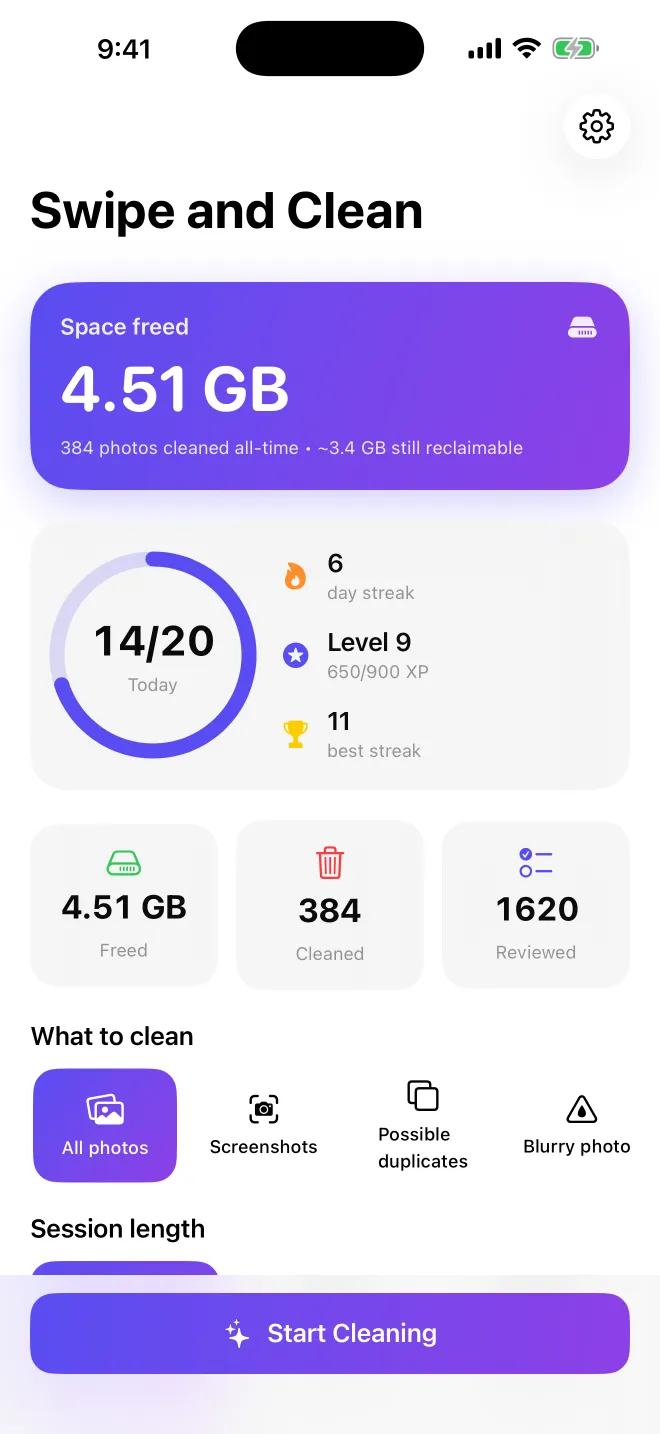 Swipe and Clean home screen showing space freed and daily goal