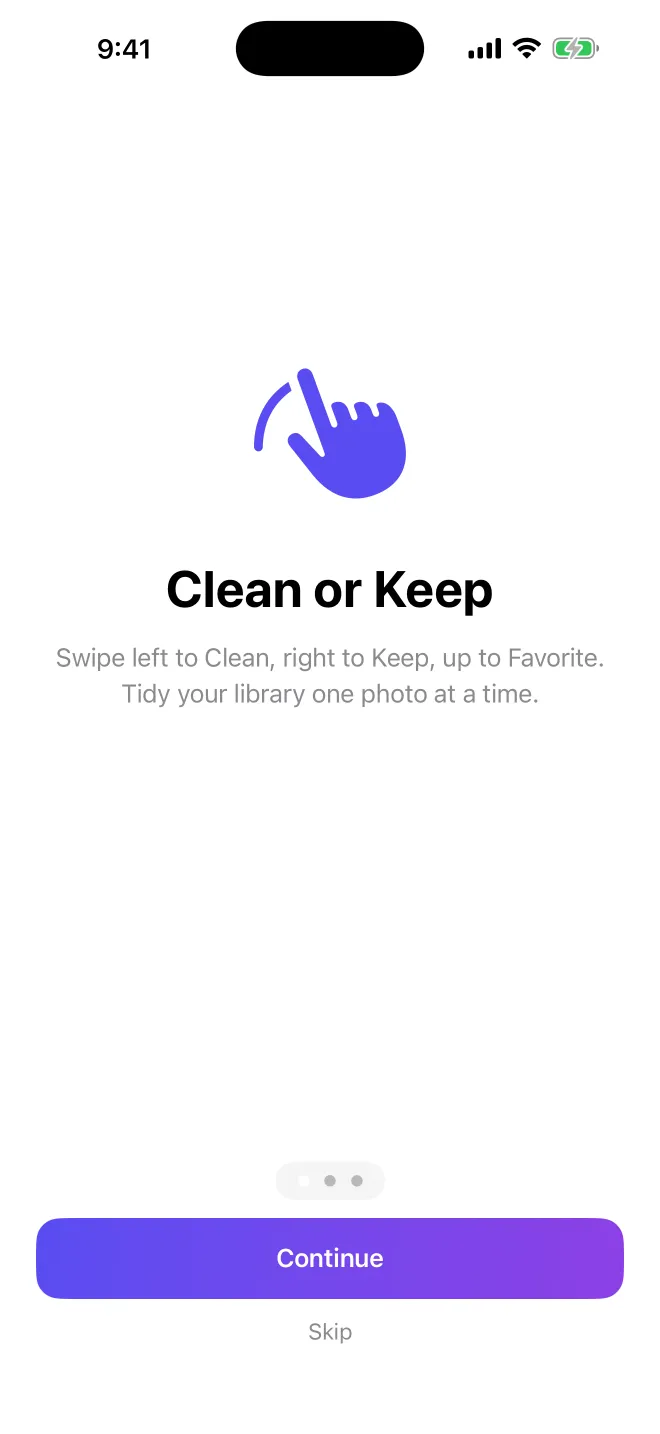 Onboarding explaining the swipe gestures